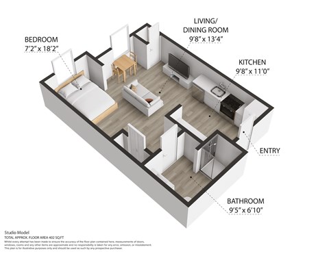 A 3D floor plan of a small apartment with a bedroom, living/dining room, kitchen, and bathroom.